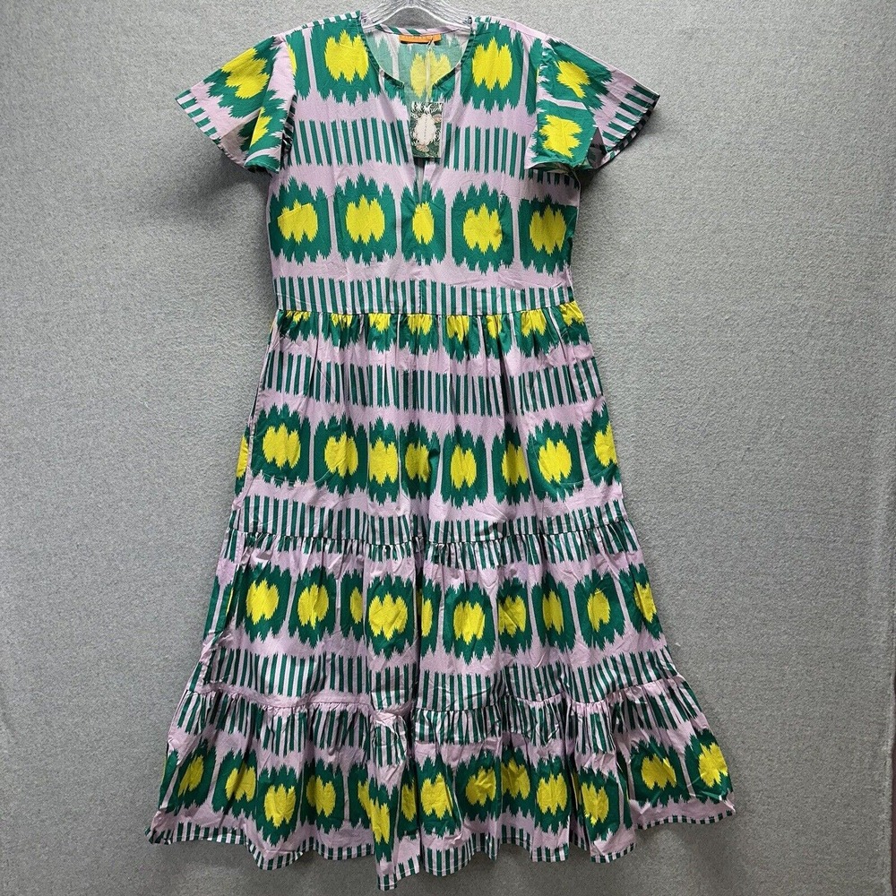 Oliphant Dress Womens Large Ikat Lilac Maxi Lined Tiered Poplin Side Pockets